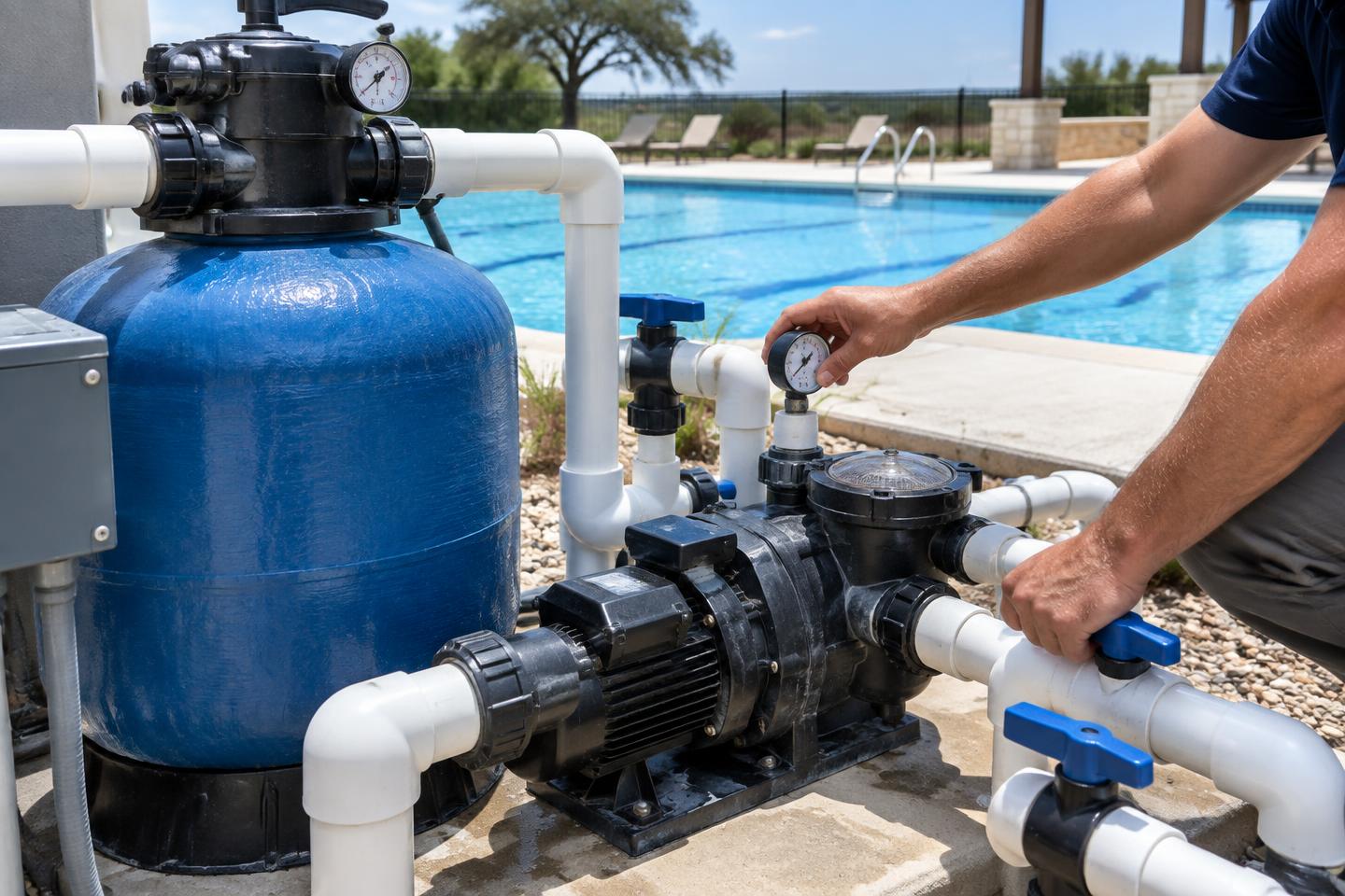 Illustrative view of commercial pool pump and filtration equipment